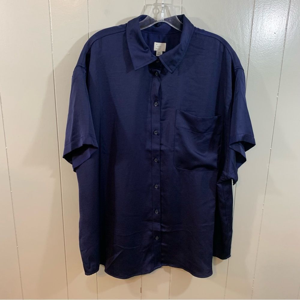 A New Day Navy Blue Women's Plus Button Down Silky Type Career Top XXL NEW